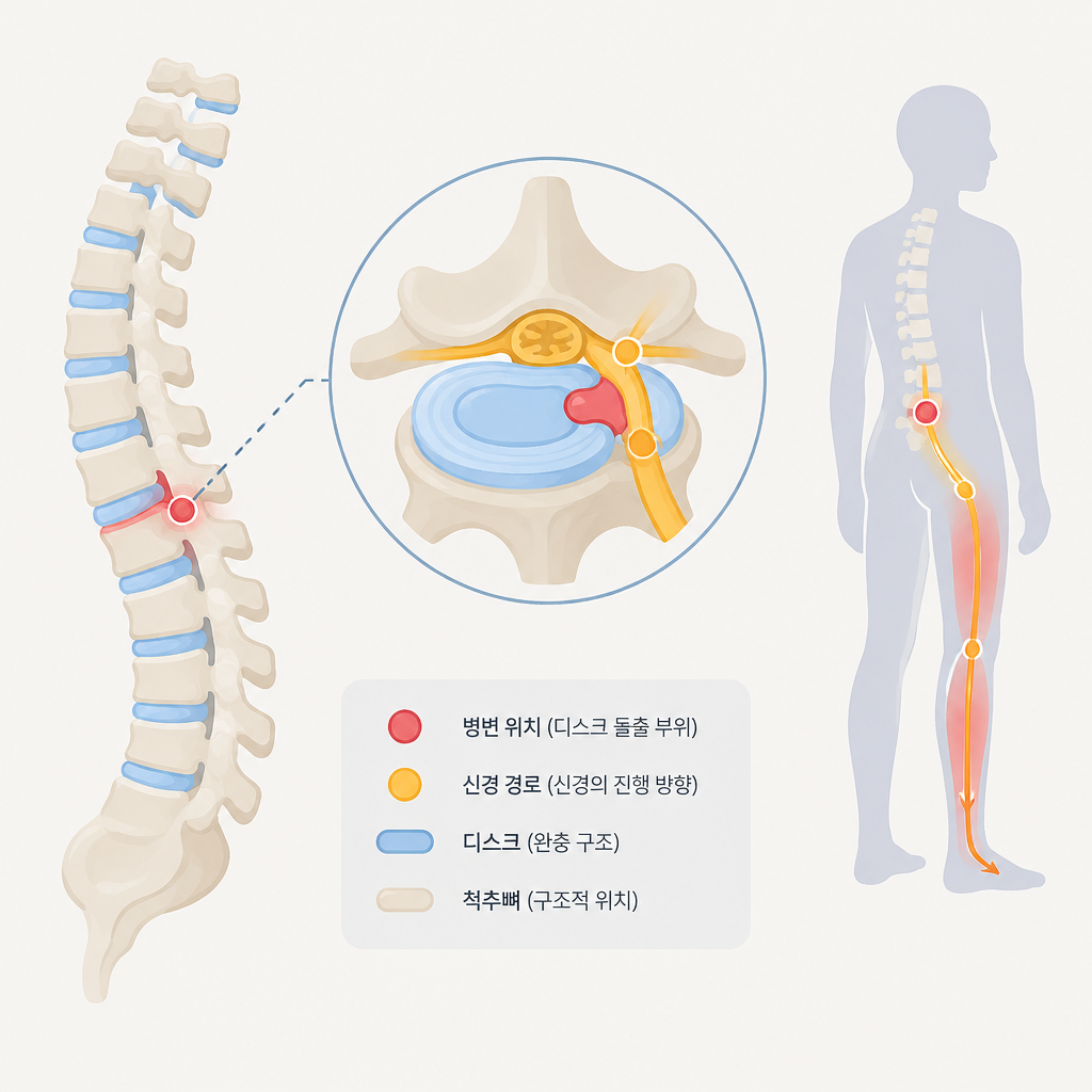 AI 생성 설명 이미지: 남부터미널역 근처병원 장덕 한방병원 | 허리디스크 자료에서 병변 위치와 증상 경로 구분하기